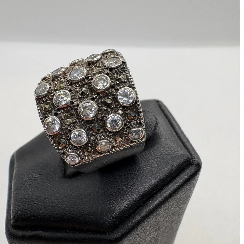 Victoria Townsend DBJ Sterling Silver 925 CZ Marcasite Vintage Wide Band Ring 7